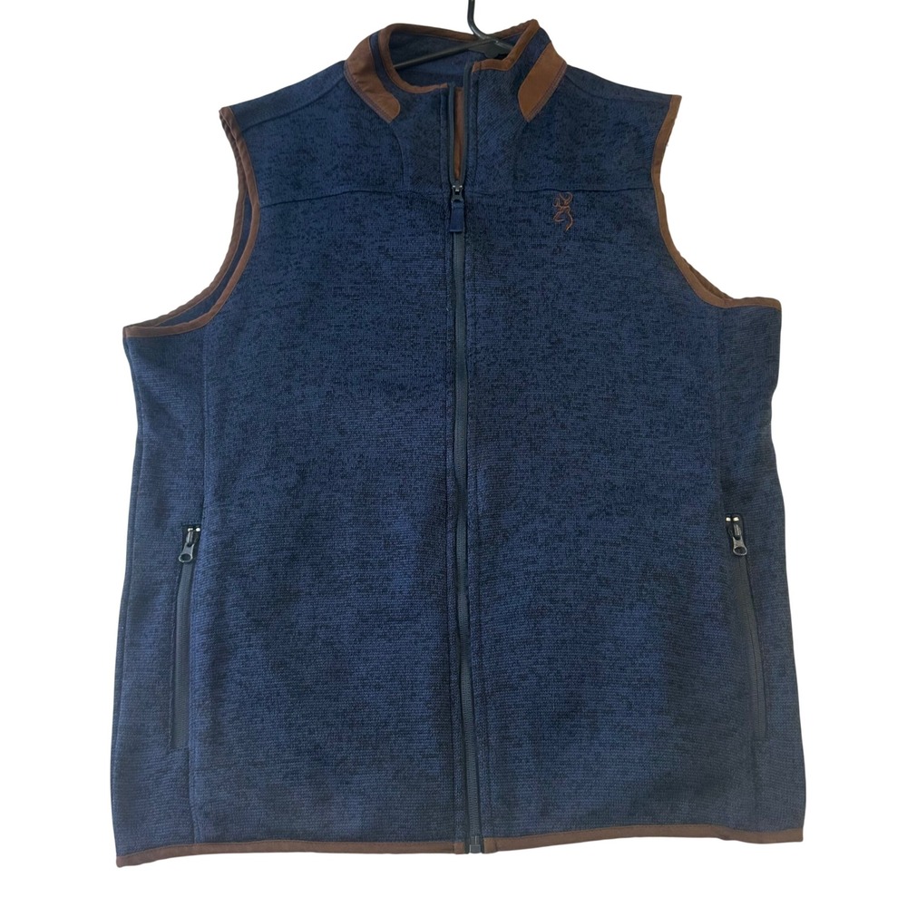 Browning Mens Full Zip Fleece Sweater Vest Navy Blue Heather Brown Trim Large